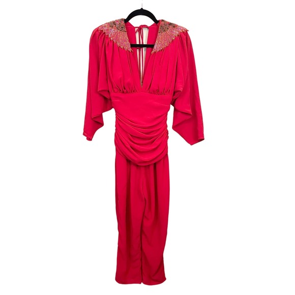 Casadei Women's Red V Neck Embellished Beaded Batwing Ruched Jumpsuit Size 5